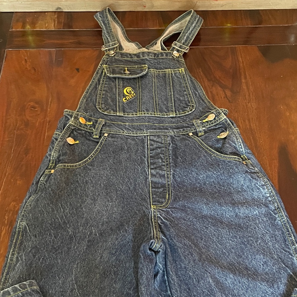 Vintage 90’s/Y2K Hip Hop Crest Denim Bib Overalls with Neon Green stitching